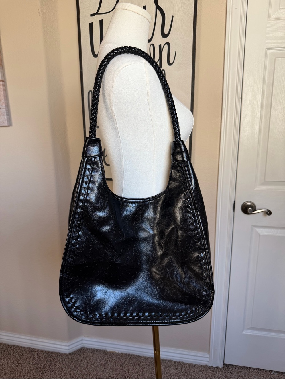 Black Vegan Leather Braided-Handle Shoulder Bag - Women